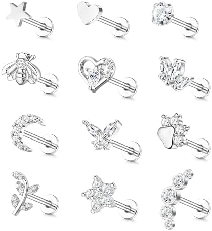 16G Internally Threaded Flat Back Earrings for Women Stainless Steel Cartilage Stud Earrings Hoop Earrings CZ Flatback Stud Earrings Conch Tragus Helix Body Piercing Jewelry