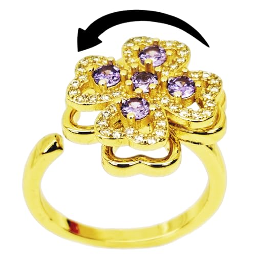 Anti-Anxiety Fidget Spinner Ring, 18K Gold Plated Copper Purple Four Leaf Clover Cubic Zirconia Women's Wedding Engagement Statement Sensory Toy Ring, Open Adjustable
