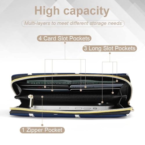 Girl's Long PU Wallet, Travel Purse Fashion Design, Huge Storage Capacity Purse, Cute Decor Zipper Wallet Navy Nautical Anchor4