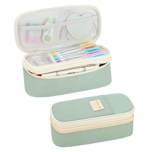 Image of Large Pencil Bag for Girls Teens Kids School Pencil Case Organizer Green | Zipper Pencil Pouch Big Cute Stationery Aesthetic Pencil Box for School Office, Wear-resistant Fabric, Large Capacity Design