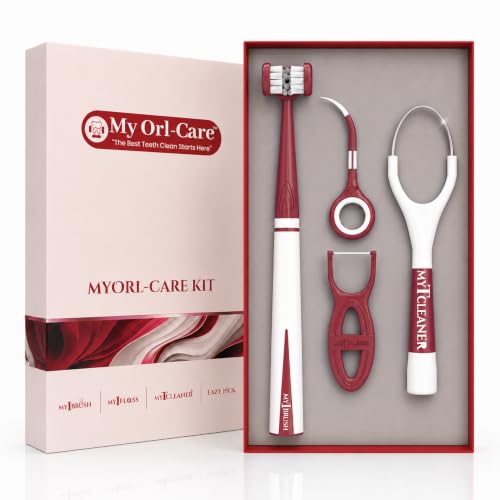 Image of MyOrl Care Dental Care Kit | Combo Pack of Ultra Soft Bristle Toothbrush, Dental Floss, Stainless Steel Tongue Cleaner & Interdental Toothpick | Daily Oral Care | All-in-One Pack (Maroon)