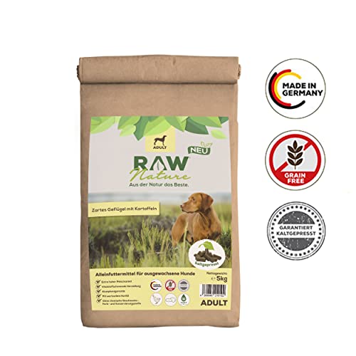 RAW Nature Trockenfutter Adult mit Huhn 5kg, kaltgepresstes Hundefutter, Getreidefrei, 100% Muskelfleisch, hoher Fleischanteil, ohne künstliche Zusätze, für alle Rassen und Sensible Hunde geeignet