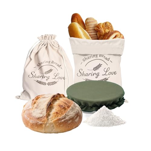 [2Pack+1] Bread Bags for Homemade Bread with Proofing Bowl Cover - Reusable Linen Sourdough Bread Storage Bag to Keep Sourdough Fresh, Easy to Clean