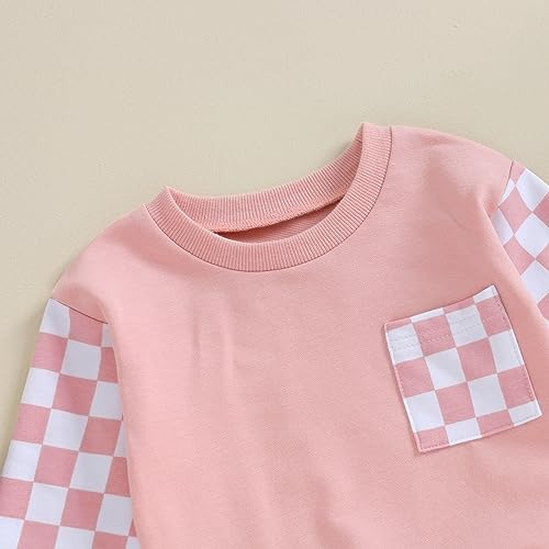 mlpeerw Toddler Baby Girl Outfits Long Sleeve Checkerboard Pullover Sweatshirt Pants Sets Newborn Infant Fall Winter Clothes (pink, 18-24 Months) - Thumbnail 4