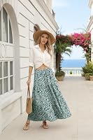PrinStory Lange Rock Damen Sommer Mit Tasche A Linie Maxirock Luftig Maxi Skirt Boho Rocke Freizeitrock Strandkleider (Grün Weiß Blume, XXL) – Ansicht 3
