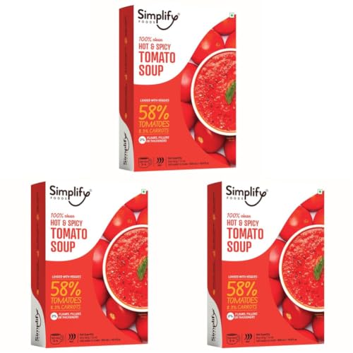Image of Simplify Foods Hot & Spicy Tomato Instant Soup | Made with 58% Real Tomato | Pack of 3 (Makes 500ml) | Just Add Hot Water | No Cooking Required | Clean Label | 0% Additives or Preservatives
