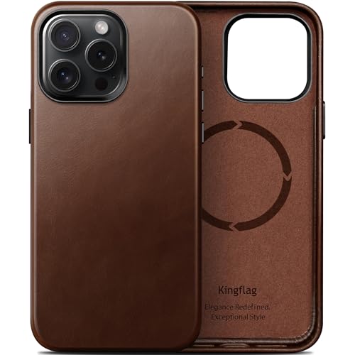 kingflag Lederhülle für iPhone 15 Pro Max 6 7 Zoll - aus in Argentinien importiertem ölgewachstem Vollnarbenleder | Kompatibel mit MagSafe & extra dünn (Braun)
