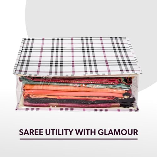 Image of Kuber Industries Saree Cover | Clothes Storage Bag | Storage Organizer Bag | Zip Closure Saree Cover | Side Transparent Wardrobe Organizer | Check-Design | 6 Inch | Cream
