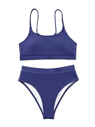 Image of Lilosy High Waisted Tummy Control Ribbed Bikini Crop Top Brazilian Swimsuit Set 2 Piece