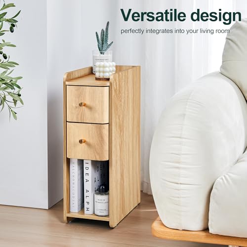 Image of Narrow Nightstand Set of 2, Wooden Small 2 Drawer Nightstand, Slim Side End Table, Skinny Bedside Table, Mid Century Modern Night Stand with Drawers for Bedroom (Natural-2 pcs)