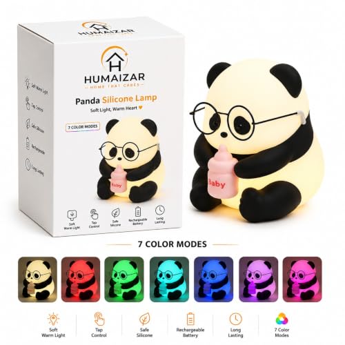 Image of HUMAIZAR Baby Panda Silicone LED Night Lamp - Cute Panda Night Light with Goggles, Multicolor Touch Bedside Lamp for Kids Room Decor, Rechargeable Nursery Night Light, Birthday Gift for Girls Boys