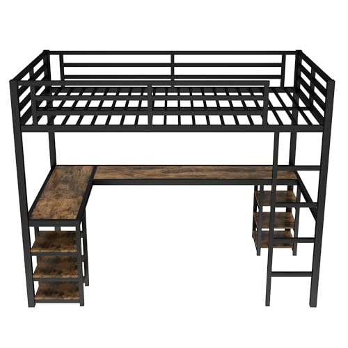 Image of Twin XL Metal Loft Bed with Desk and Shelves, L-Shaped Frame with Ladder and Twin-Length Guardrails, Space-Saving Bed for Bedroom, White