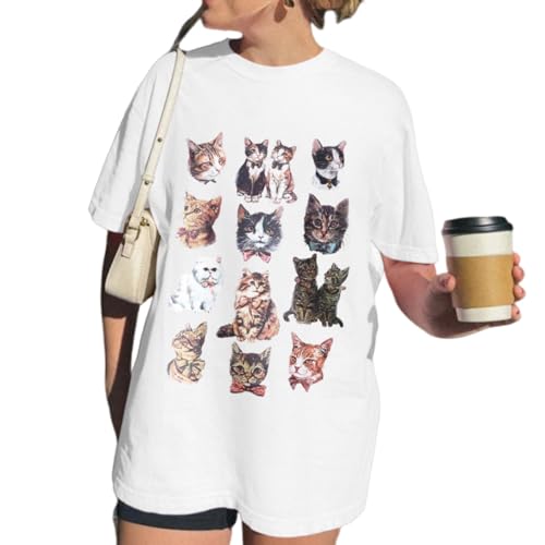 Kelxjia Oversized Cat Shirt Cute Graphic Tees for Women Y2k Funny Tshirts Baggy Aesthetic Shirts Cat Lover Gifts Kawaii Tops(White,M)