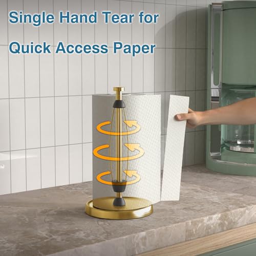 Image of Paper Towel Holder Countertop, Gold Kitchen Accessories Decor, Stainless Steel, Weighted Base, Gold, Paper Towel Roll Holder Stand with Ratchet Mechanism for Kitchen Bathroom Farmhouse Essentials