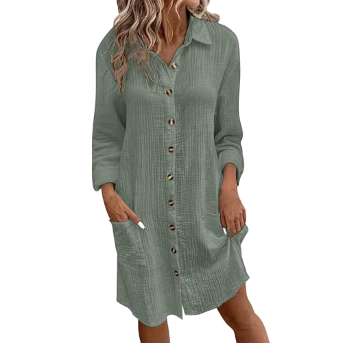 Blusenkleid Damen Lang Knopfleiste Musselin...