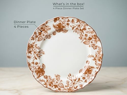 Image of Bodhi House 4-Piece Brown Leaf White Porcelain Dinner Plates Set | Lightweight, Chip Resistant, Microwave & Dishwasher Safe, Elegant Tableware