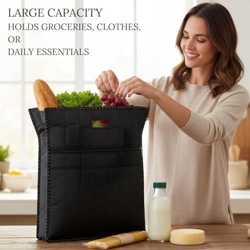 Image of Heavy Duty Waterproof Grocery Bag | Reusable Shopping Tote for Vegetables, Fruits, Kitchen Essentials | Eco-Friendly Jhola Carry Bag with Full Handles - Black