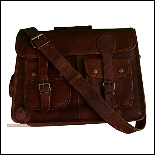 Natural Handicraft Laptop Messenger Office Bag Vintage Goat Leather Travel Office Laptop Cross-body Shoulder Bag Office Bag College Bag 20 Inch