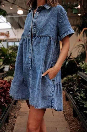 Image of Women's Denim Dress for Women Cute Blue Babydoll Denim Shirt Dress Denim Dress with Pockets