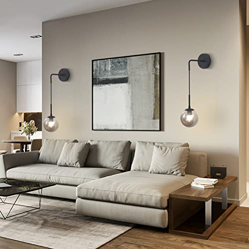 Image of KCO Lighting Black Glass Globe Wall Sconce Set of 2 Farmhouse Industrial Wall Lamp with Adjustable Cord Mid Century Modern Wall Mount Reading Light for Bathroom Mirror Bedside Stairs (Smoke Grey)