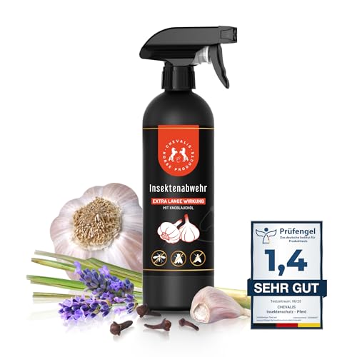CHEVALIS Fliegenspray Pferd Knoblauch Langzeitschutz gegen Bremsen & Zecken | Mit echtem Knoblauchöl | Ätherische Öle & Geraniol | Für Pferde
