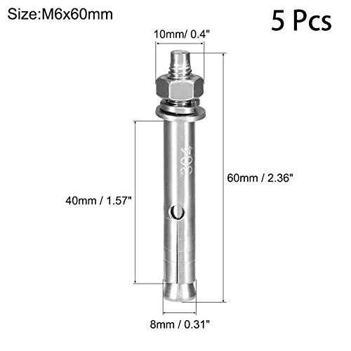 Image of 5 Pcs M6 x 60mm 304 Stainless Steel Expansion Bolt External Hex Expansion Screw Bolt Sleeve Anchor,Pool Safety Cover Expansion Bolts,for Concrete