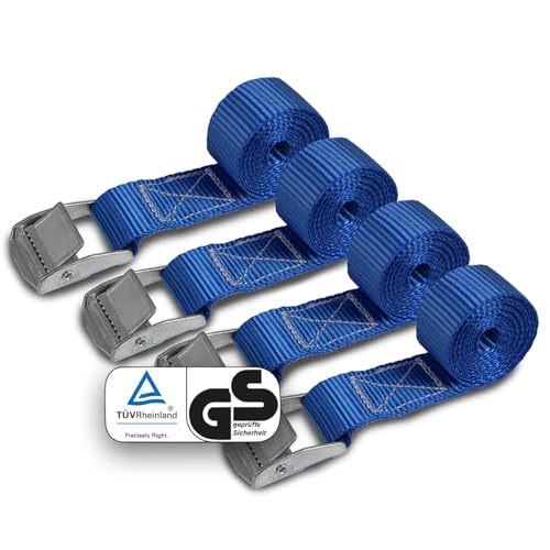 Spanngurte Zurrgurt | TÜV geprüft | Spanngurt Befestigungsgurt mit Klemmverschluss | Blau | Belastbar bis 250 kg | Diverse Längen Stückzahlen - 4er Pack 2.5 cm x 1 m