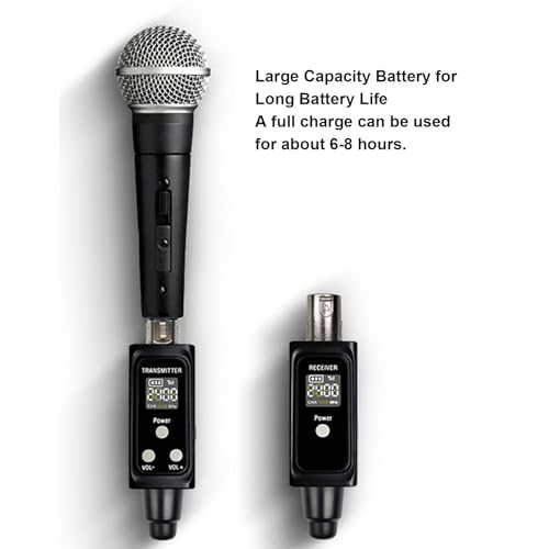 Transmisor y receptor inalámbricos para micrófono, sistema XLR inalámbrico de 2,4 GHz UHF, recargable, con reducción de ruido, volumen, reverberación y función mute, para micrófono dinámico, sistema PA y DSLR miniatura 5