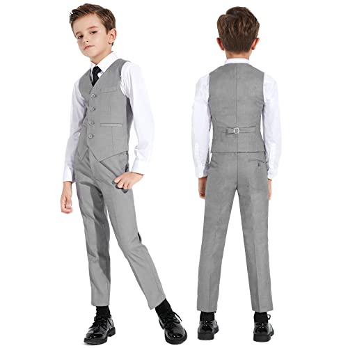 Plavict Boys' Suits Slim Fit 5 Piece, Adjustable Waist, Boys Formal Set Lightgray #TOP1