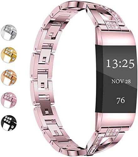 Wekin Replacement Metal Bands Compatible for Fitbit Charge 4/Charge 3 /Charge3 SE Women Men, Bling Rhinestone Bracelet Wristbands Straps Accessory for Charge 3 Fitness Tracker (X-Rose Pink)
