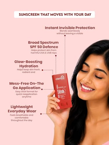 Image of Clensta Red Aloe Vera Sun Stick SPF 50 PA++++ with Hyaluronic Acid &1% Vitamin C | Broad Spectrum UVA & UVB Protection | No White Cast, Lightweight & Travel-Friendly | Easy Reapplication Sunscreen Stick | 20gm
