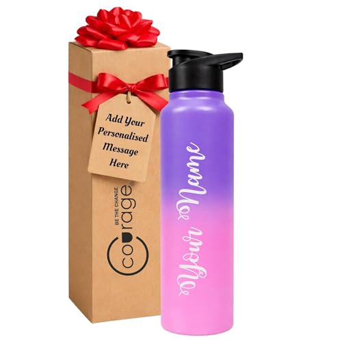 Image of COURAGE Stainless Steel Customize Sipper Water Bottle 1Liter Leak Proof for Fridge Home Office Travel School Kids Boys Girls Adults Sports Gym Yoga - Light Pink- Purple