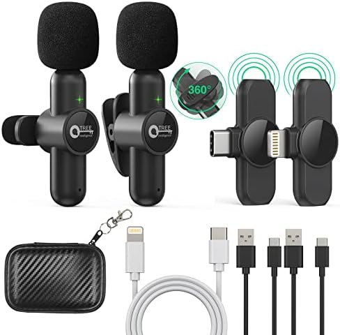 Wireless Lavalier Microphones for iPhone ipad Android, (2 Mics with 2 Receivers) 2.4Hz QTREE Plug-Play Reverberation,Auto-Sync Lapel Microphone for Facebook, YouTube,TikTok,Video Recording,Vloggers