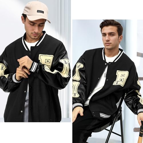 Image of Mens Varsity Jacket Baseball Bomber Jacket Vintage Unisex Streetwear Coats with Patchwork Hipster Utility Tops