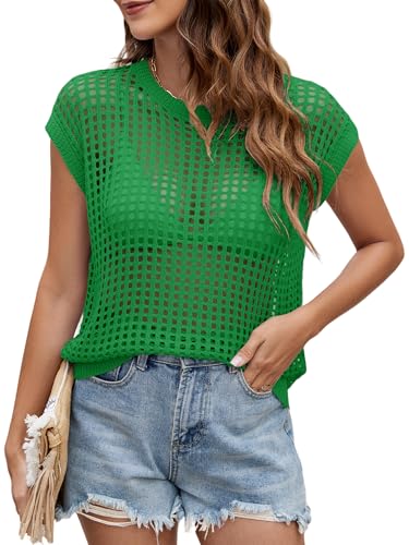 Image of Womens Summer Crochet Tops Hollow Out Cap Sleeve Cover Up Tank Top Pullover Sweater Vest Beach Vacation Clothes
