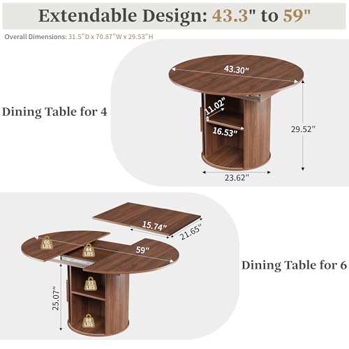 Image of weselon 43 inch-59 inch Extendable Round to Oval Dining Table with Hidden Storage, Modern Wooden Kitchen Table with Fluted Sliding Door Cabinet, Expandable Dinner Table for Dining Room Living Room (Walnut)