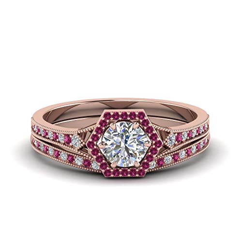Image of Choose Your Gemstone Vintage Hexagon Halo Bridal Ring Set Rose Gold Plated Round Shape Wedding Ring Sets Matching Jewelry Wedding Jewelry Easy to Wear Gifts US Size 4 to 12