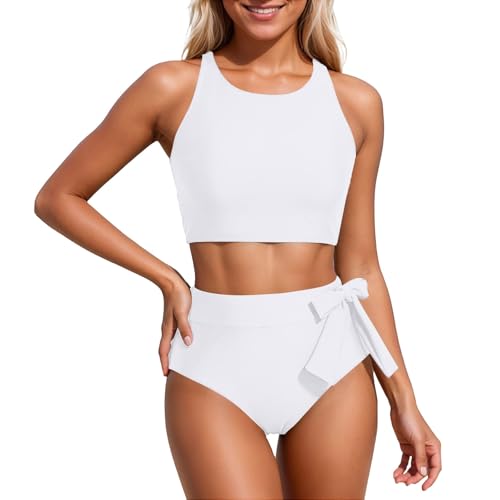 Maillot Gainant Femme - Maillot de Bain Deux pièces Femme, Bikini Taille Haute avec Haut Crop rayé col Montant et Dos Nageur, Culotte enveloppante à nœud, Style Plage Piscine été