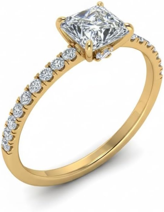 Choose Your Color Princess Shape 14k Yellow Gold Plated Hidden Halo Petite Diamond CZ Halo Engagement Ring for Women : US Size 4 to 12