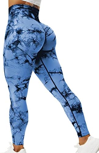 QOQ Womens Tie Dye High Waisted Workout Leggings Seamless Scrunch Booty Butt Lift Yoga Pants Tummy Control Compression Tights Dark Blue L
