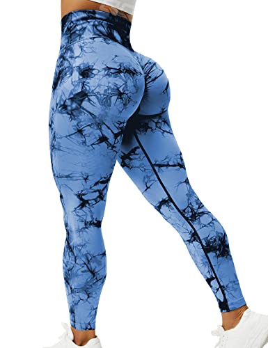 Qoq Womens Tie Dye High Waisted Workout Leggings Seamless Scrunch Booty Butt Lift Yoga Pants Tummy Control Compression Tights Dark Blue L #TOP9