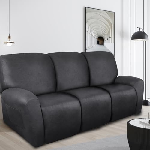 Image of ANARACHON Recliner Couch Cover Leather Look Recliner Sofa Covers for 3 Cushion Reclining Sofa Slipcovers 8-Pieces Furniture Protector Spandex Fabric Washable (3 Seater, 01 Dark Gray)