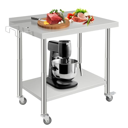 Stainless Steel Work Table, Commercial Food Prep Table with Wheels and Backsplash, Heavy Duty Metal Table with Removable Trash Bag Holder for Restaura