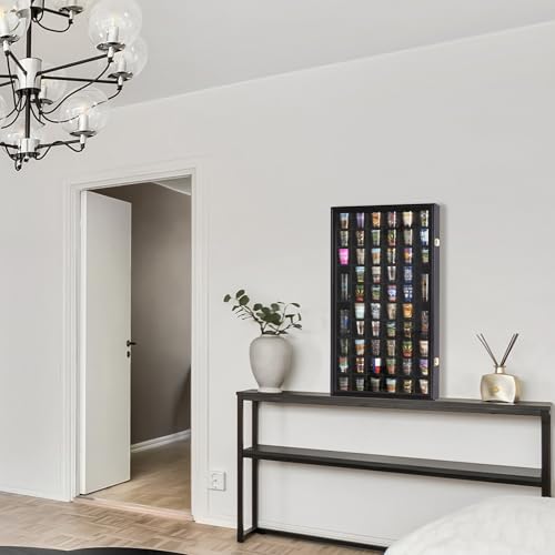 Shot Glass Display Case Cabinet Wall Rack Holder Shadow Box Lockable with UV Protection Acrylic Glass Door Shot Glass Collection Display with 56 Slots Black - Thumbnail 7