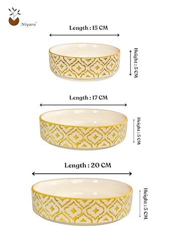 Image of Niyara Stoneware Handmade Ceramic Stylish Premium Serving Bowls /Salad Tray Microwave Dishwasher Safe (Golden Salad Bowl Set of 3)