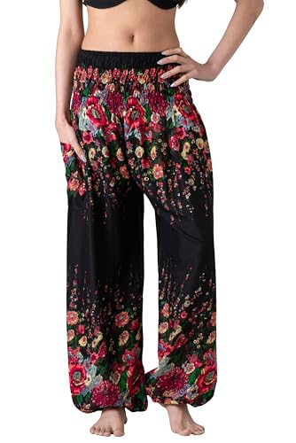 B Bangkok Pants Sarouel pour Femme - Vêtements de Yoga bohème avec Poches, Motif Floral Noir, Taille Unique