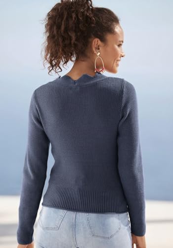 LASCANA Women's Soft Scallop V-Neck Sweater - Chic Surplice Neckline, Fitted Long Sleeves, Wide Fitted Waistband3