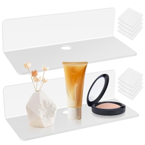 2 Pcs Petite Etagere Murale Blanche, 22,5 cm Etagere Murale sans Percage en Acrylique, étagère Flottante, étagères murales flottantes pour Chambre,...