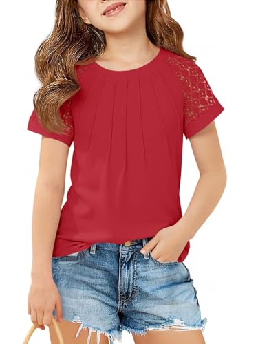 Image of Girls Pleated T Shirts Kids Fashion Lace Sleeve Summer Tops 5-14 Years | Casual Crewneck Blouse,Fashion Clothes