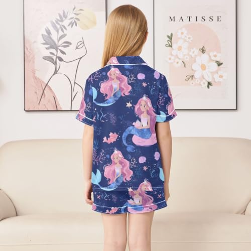 ALAZA Beautiful Mermaid Coral Reef Bubble Satin Pajamas Set Short Sleeve Button Down Sleepwear Summer Pjs 2 Piece4